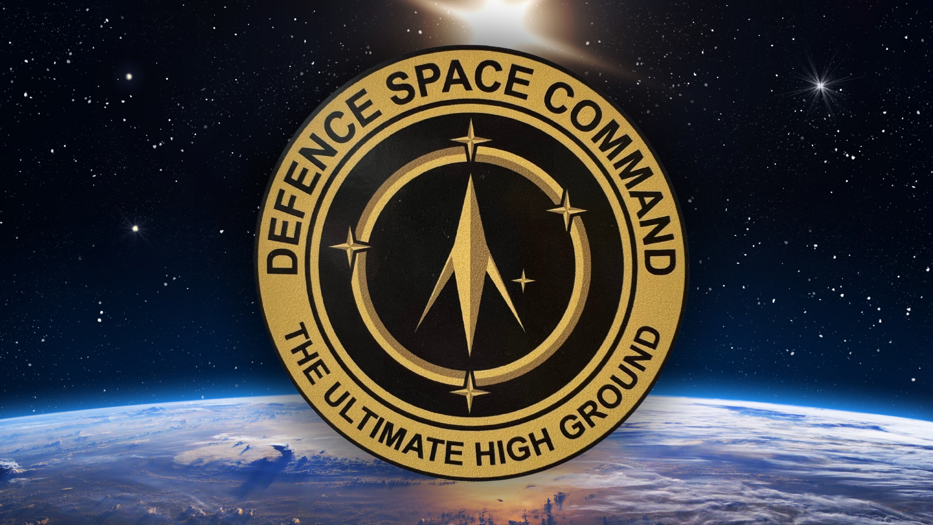 A circular military insignia, with 'Space Command' and 'The ultimate high ground' on its edges, superimposed over planet Earth.